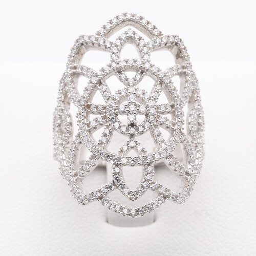 Wide scroll filigree design multi paved zirconia set on 925 sterling silver ring