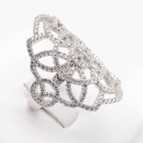 Wide scroll filigree design multi paved zirconia set on 925 sterling silver ring