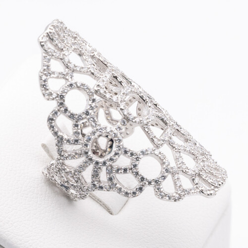 Wide scroll filigree design multi paved zirconia set on 925 sterling silver ring