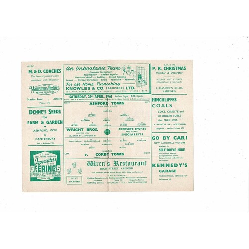1960/61 Ashford Town (Kent) v Corby Town Southern League Football Programme