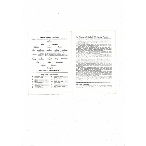 1959/60 West Ham United v Sheffield Wednesday Football Programme