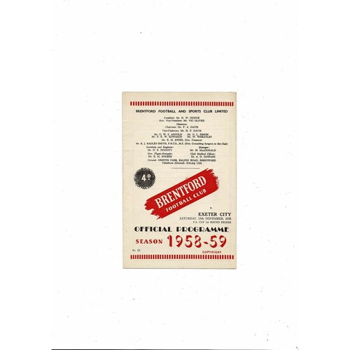 1958/59 Brentford v Exeter City FA Cup Football Programme