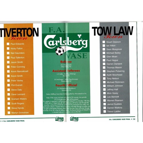 1998 Tiverton Town v Tow Law Town FA Vase Final Football Programme