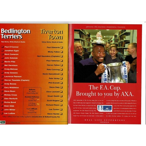 1999 Bedlington Terriers v Tiverton Town FA Vase Final Football Programme + Team Sheet