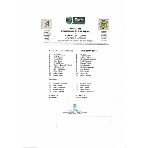 1999 Bedlington Terriers v Tiverton Town FA Vase Final Football Programme + Team Sheet