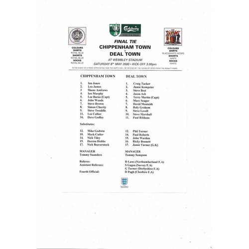 2000 Chippenham Town v Deal Town FA Vase Final Football Programme + Team Sheet