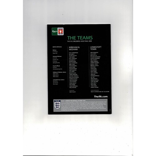 2008 Kirkham & Wesham v Lowestoft Town Vase Final Football Programme