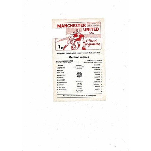 Manchester United v Manchester City Central League Football Programme 1975/76