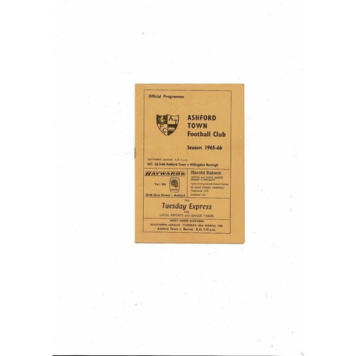 1965/66 Ashford Town v Hillingdon Borough Southern League Football Programme