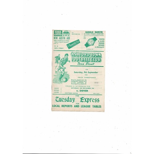 1961/62 Ashford Town (Kent) v Poole Town Southern League Football Programme