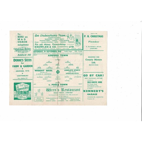 1961/62 Ashford Town (Kent) v Poole Town Southern League Football Programme