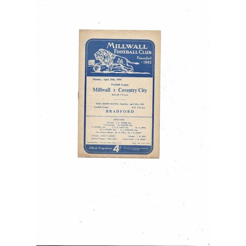 1958/59 Millwall v Coventry City Football Programme