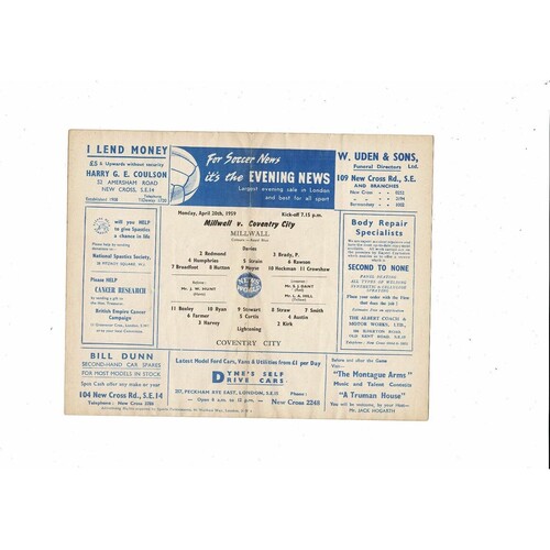 1958/59 Millwall v Coventry City Football Programme