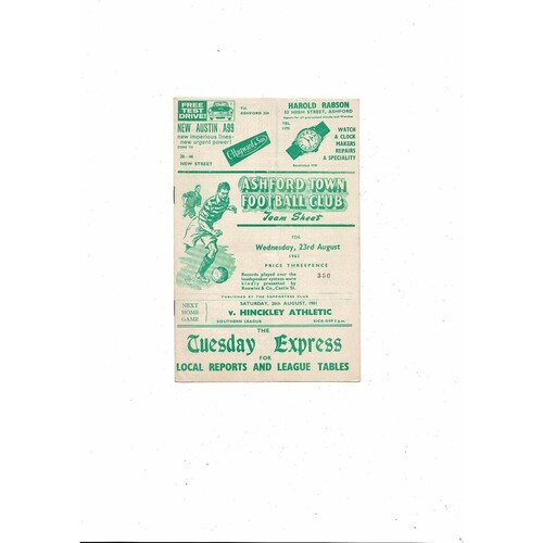 1961/62 Ashford Town (Kent) v Tunbridge Wells Southern League Football Programme