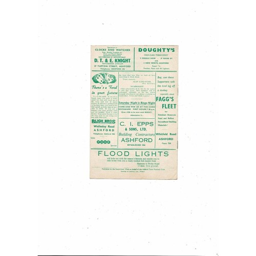 1961/62 Ashford Town (Kent) v Tunbridge Wells Southern League Football Programme