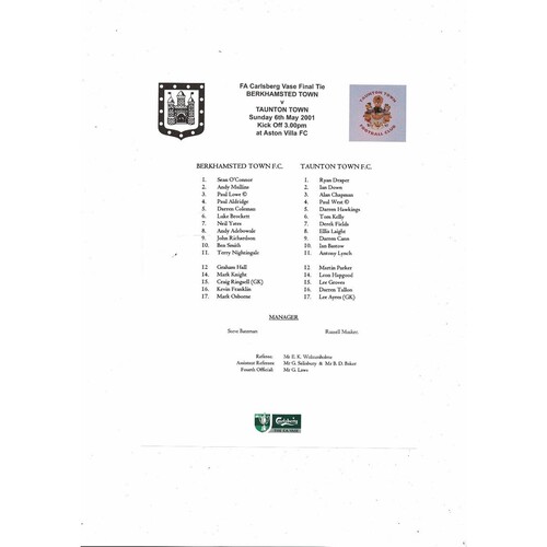 2001 Berkhamsted Town v Taunton Town FA Vase Final Football Programme & Team Sheet