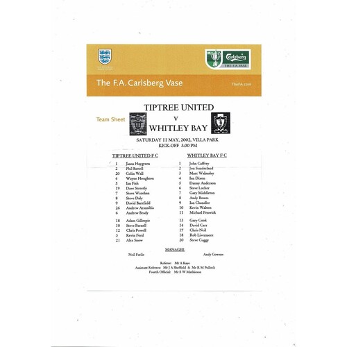 2002 Tiptree United v Whitley Bay FA Vase Final Programme & Team Sheet