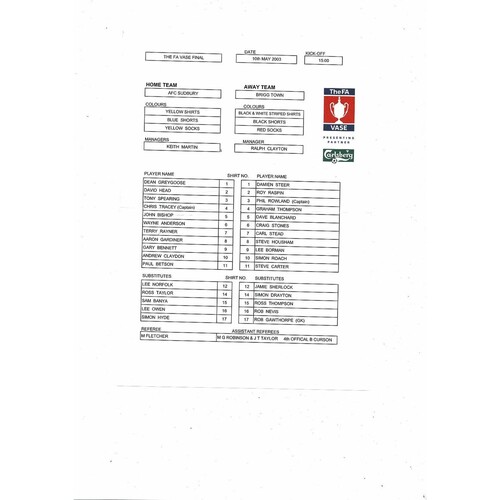2003 Sudbury v Brigg Town Vase Final Football Programme & Team Sheet