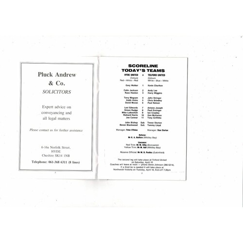 1988/89 Hyde United v Telford United Trophy Semi Final Football Programme