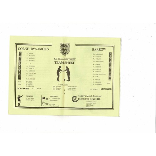 1989/90 Colne Dynamoes v Barrow Trophy Semi Final Football Programme