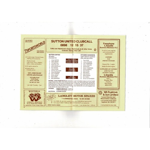 1992/93 Sutton United v Wycombe Wanderers Trophy Semi Final Football Programme