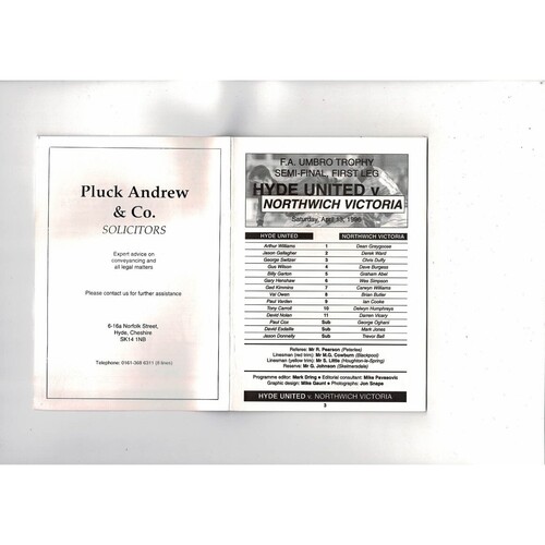 1995/96 Hyde United v Northwich Victoria Trophy Semi Final Football Programme