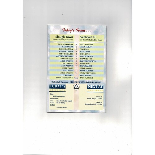 1997/98 Slough Town v Southport Trophy Semi Final Football Programme