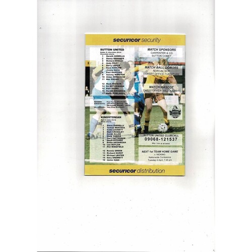 1999/00 Sutton United v Kingstonian Trophy Semi Final Football Programme