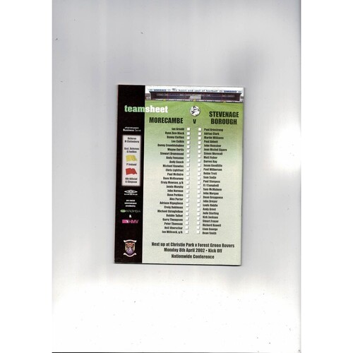 2001/02 Morecambe v Stevenage Trophy Semi Final Football Programme