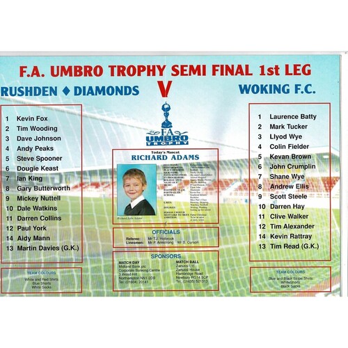 1994/95 Rushden & Diamonds v Woking Trophy Semi Final Football Programme