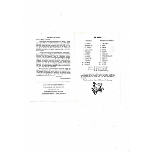 1969/70 Hereford United v Chester Welsh Cup Semi Final Football Programme