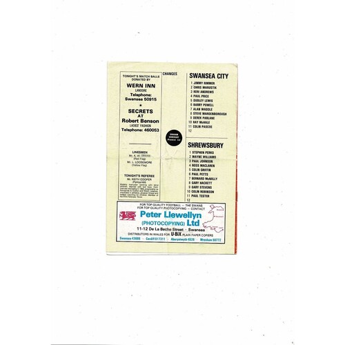 1984/85 Swansea v Shrewsbury Town Welsh Cup Semi Final Football Programme