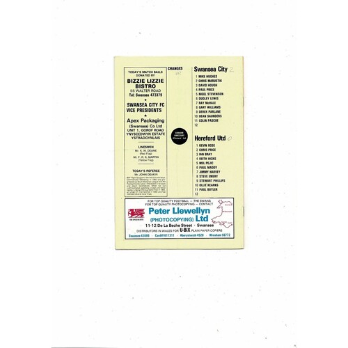 1984/85 Swansea v Hereford United Welsh Cup Football Programme