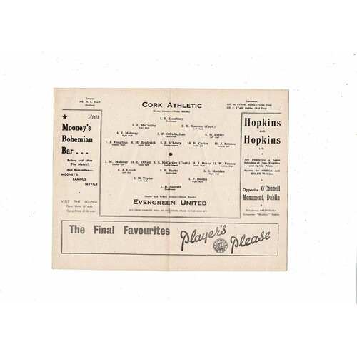 1953 Cork Athletic v Evergreen United FAI Cup Final Football Programme