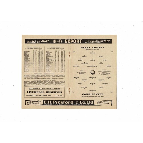 1958/59 Derby County v Cardiff City Football Programme