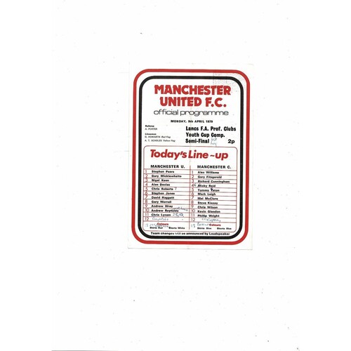 Manchester United v Manchester City Lancs Youth Cup Semi Final Programme 1978/79