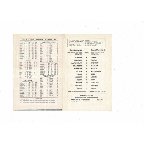 1966/67 Sunderland v Scunthorpe United FA Youth Cup Semi Final Football Programme