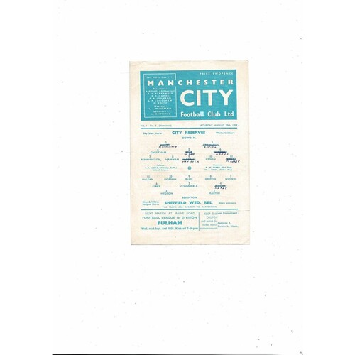 Manchester City v Sheffield Wednesday Central League Football Programme 1959/60