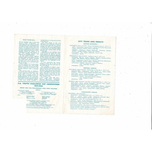 Manchester City v Sheffield Wednesday Central League Football Programme 1959/60