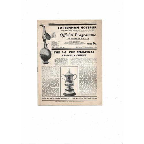 1952 Arsenal v Chelsea FA Cup Semi Final Football Programme