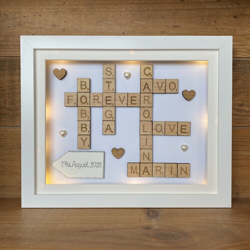 Customised Scrabble Family Name Box Frame with optional LED Lights | Personalised  Anniversary Gift Copy