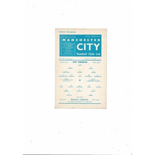 Manchester City v Burnley Central League Football Programme 1960/61