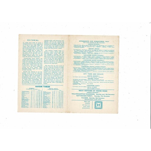 Manchester City v Burnley Central League Football Programme 1960/61