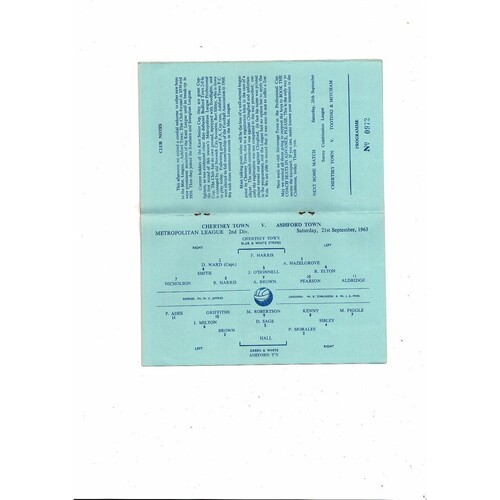 1963/64 Chertsey Town v Ashford Town Metropolitan League Football Programme