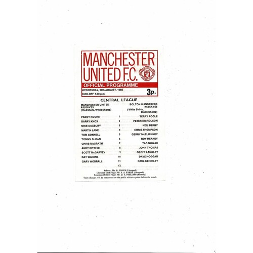 Manchester United v Bolton Wanderers Central League Football Programme 1980/81