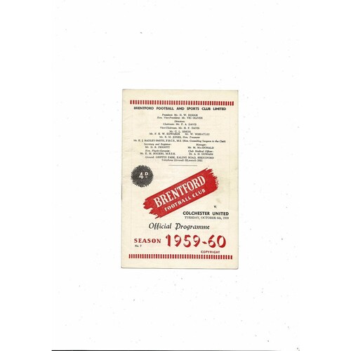 1959/60 Brentford v Colchester United Football Programme