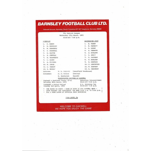 Barnsley v Manchester City Central League Football Programme 1984/85