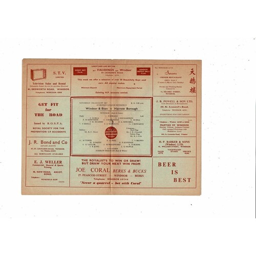 1967/68 Windsor & Eton v Harrow Borough Athenian League Football Programme