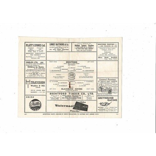 1953/54 Brentford v Blackburn Rovers Football Programme