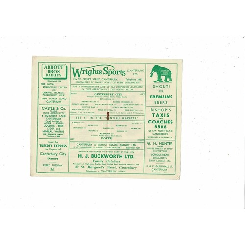 1962/63 Canterbury City v Dover Southern League Cup Football Programme